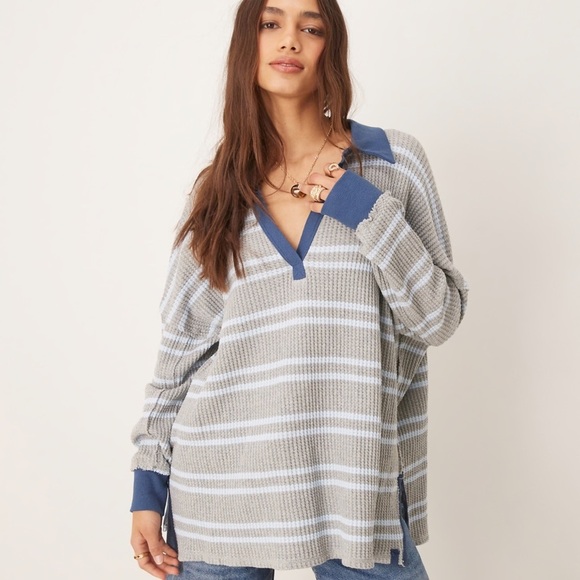 Free People Tops - We The Free Striped Travis Polo Tee Heather Grey | Size S | Free People